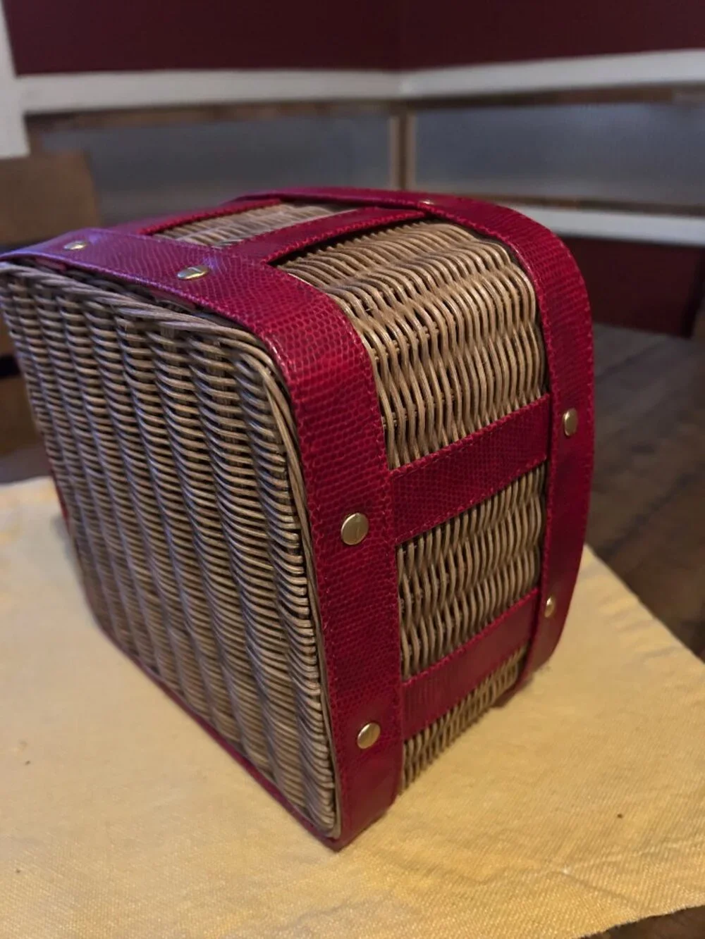 Wicker Basket  w burgundy leather straps   lined   9x9  5in  height
